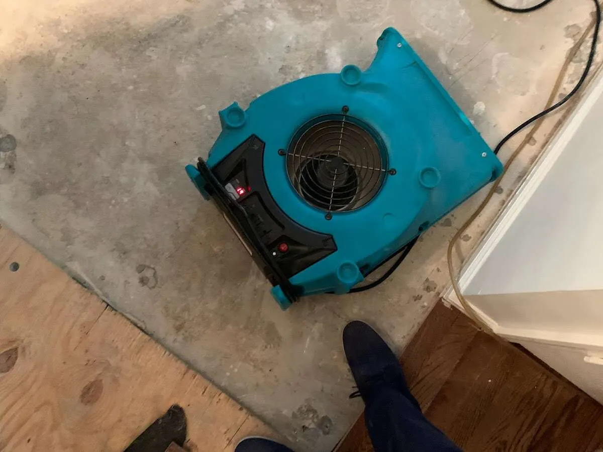 Air mover drying subfloor during Leak Detection & Repair in Estelle